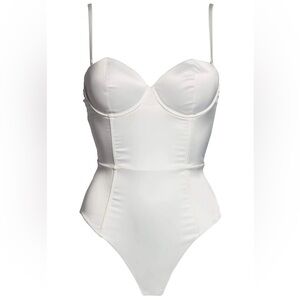 White Bustier-Style Satin Bodysuit Chemise
